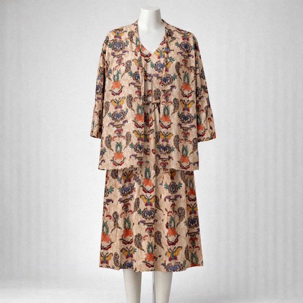 Vintage Krist Gudnason Dress & Jacket Set Tan Multi Batik Butterfly Print size s